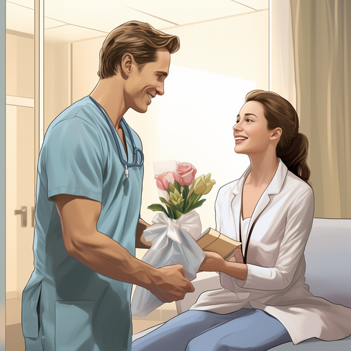 רופא מחייך תוך קבלת מתנה מתחשבת ממטופל או עמית