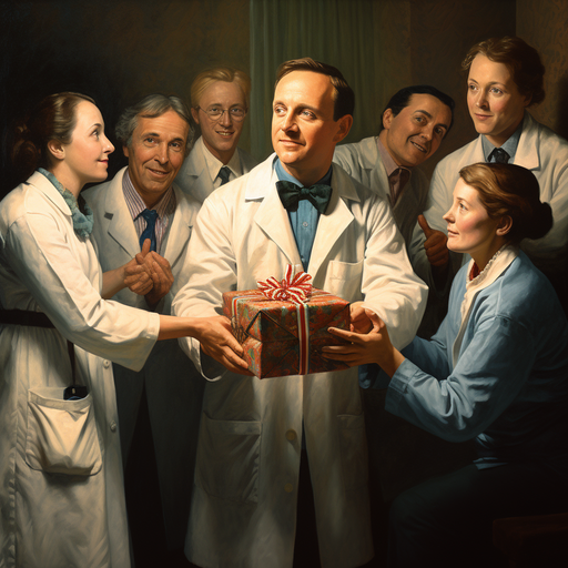רופא מחזיק מתנה, מוקף בקולגות או חברים תומכים