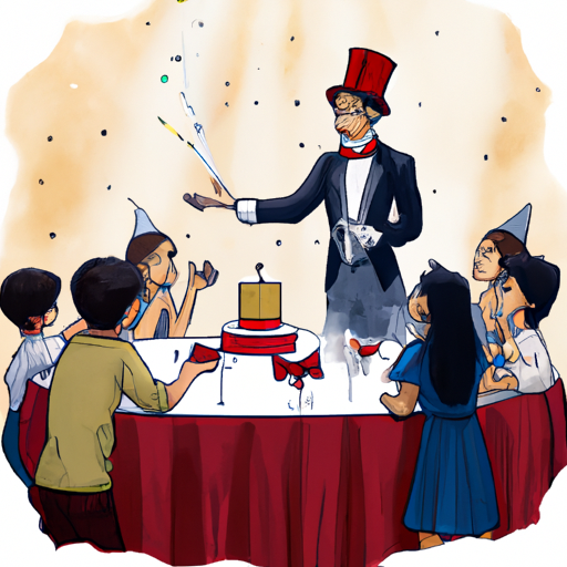 איור של מסיבת יום הולדת בה הקוסם הוא מרכז תשומת הלב ויוצר רגעים בלתי נשכחים.