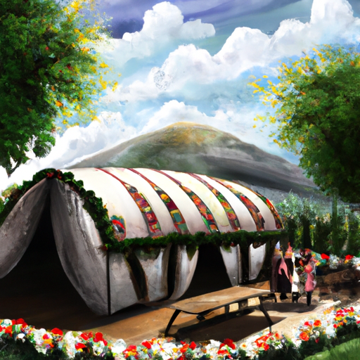 תמונה יפה המציגה אירוע בגן עם אוהל גדול המגן על אורחים שמחים.